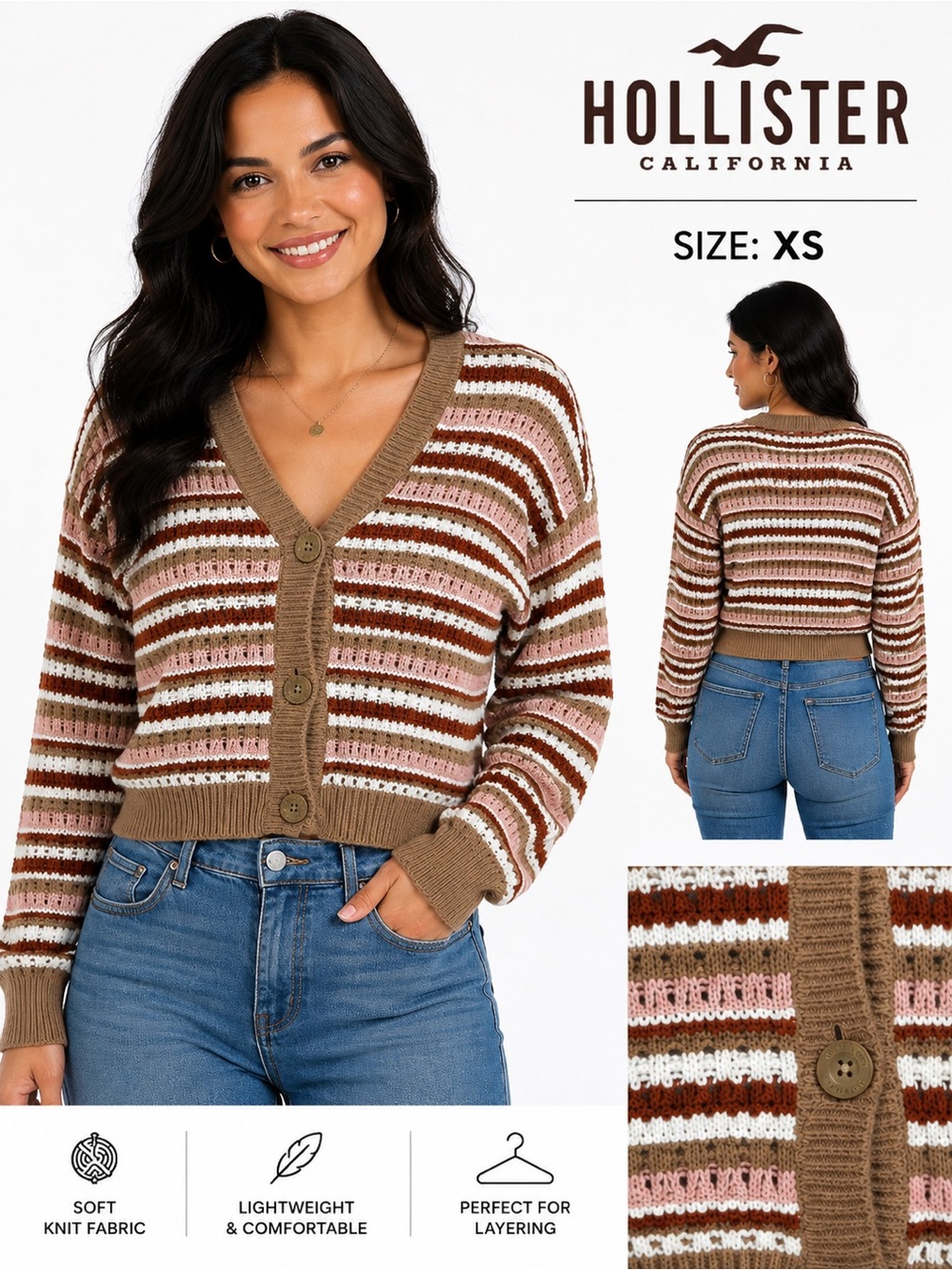 Hollister XS Cropped Striped Knit Cardigan Cottagecore Coquette Boho sweater